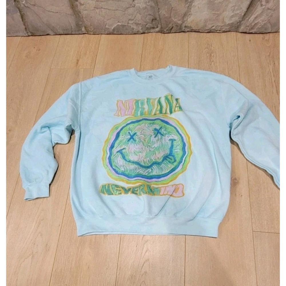 Nirvana Nevermind Mineral Wash Crewneck Grunge Festival Smiley Concert Adult‎ Lg